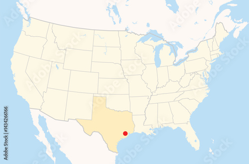 Location Map of the city Sugar Land in Texas, USA. The state is marked orange and the city is highlighted with a red dot. No labels at all.