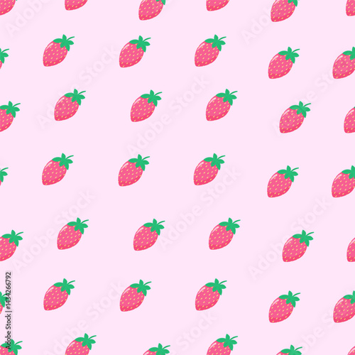A charming pattern featuring strawberries on a soft pink background. Bright and detailed berries with green leaves are evenly distributed across the surface, creating a playful and fresh atmosphere