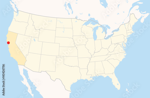 Location Map of the city Santa Rosa in California, USA. The state is marked orange and the city is highlighted with a red dot. No labels at all.
