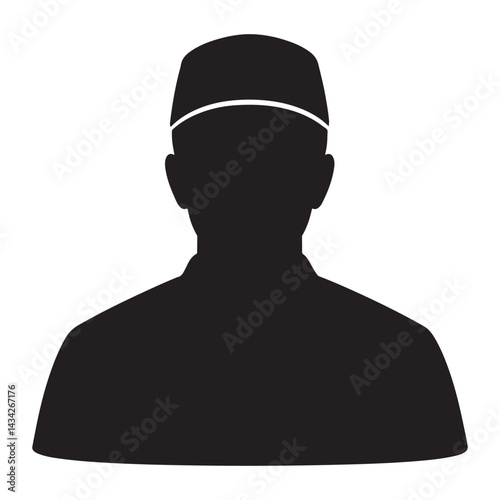 Vector black silhouette of Muslim man wearing taqiyah cap, close-up front-facing with curved torso effect on white background