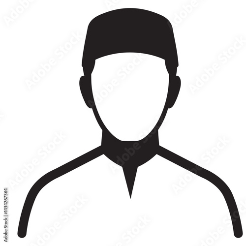 Vector black silhouette of Muslim man wearing taqiyah cap, close-up front-facing with curved torso effect on white background
