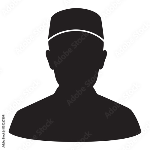 Vector black silhouette of Muslim man wearing taqiyah cap, close-up front-facing with curved torso effect on white background