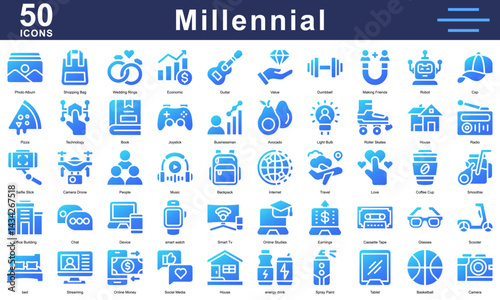 Millennial lifestyle icons featuring gadgets, food, travel, music, fitness, social media, and more. Great for youth culture and modern content.
