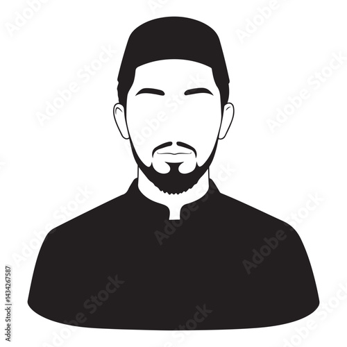 Vector black silhouette of Muslim man wearing taqiyah cap, close-up front-facing with curved torso effect on white background