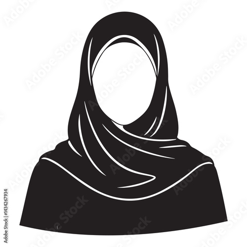 Vector black silhouette of Muslim woman in hijab, close-up front-facing with curved torso effect on white background