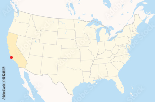 Location Map of the city Santa Maria in California, USA. The state is marked orange and the city is highlighted with a red dot. No labels at all.