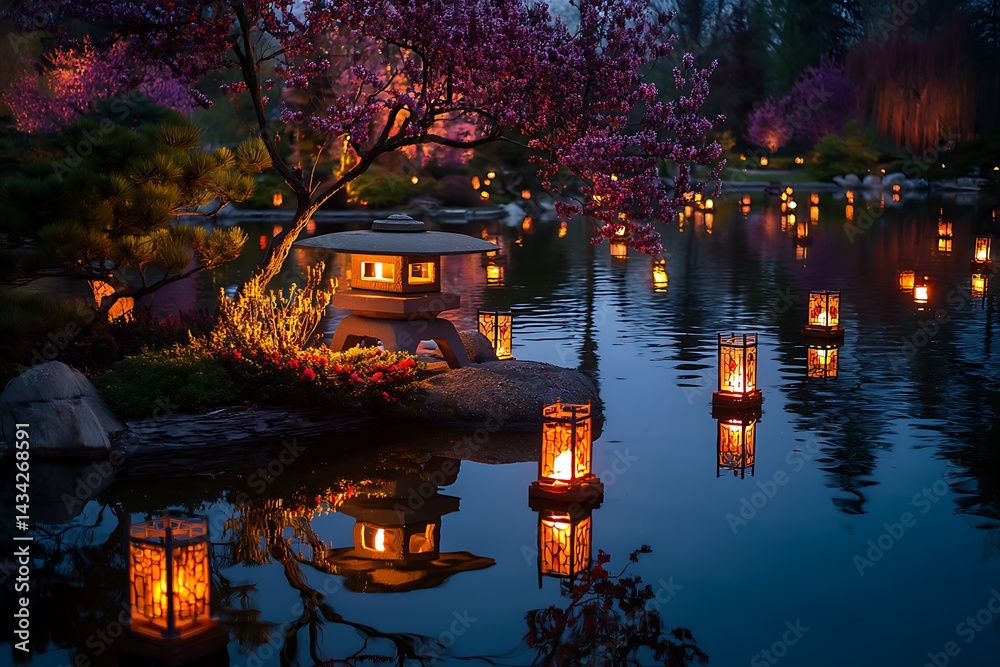 Obraz premium Ethereal Japanese garden with glowing lanterns blossoms backdrop 