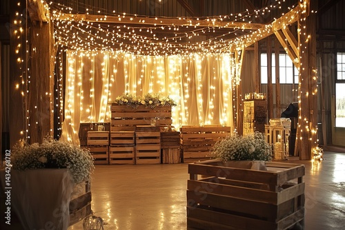 A rustic barn wedding background with wooden crates, fairy lights, and burlap accents for a cozy, countryside feel