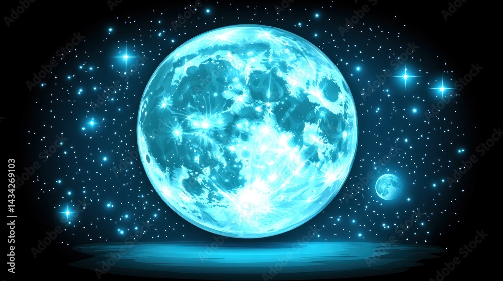 Obraz premium Glowing blue moon in space, starry background, cosmic scene, for science fiction design