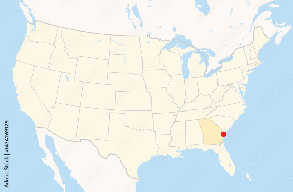 Fototapeta premium Location Map of the city Savannah in Georgia, USA. The state is marked orange and the city is highlighted with a red dot. No labels at all.