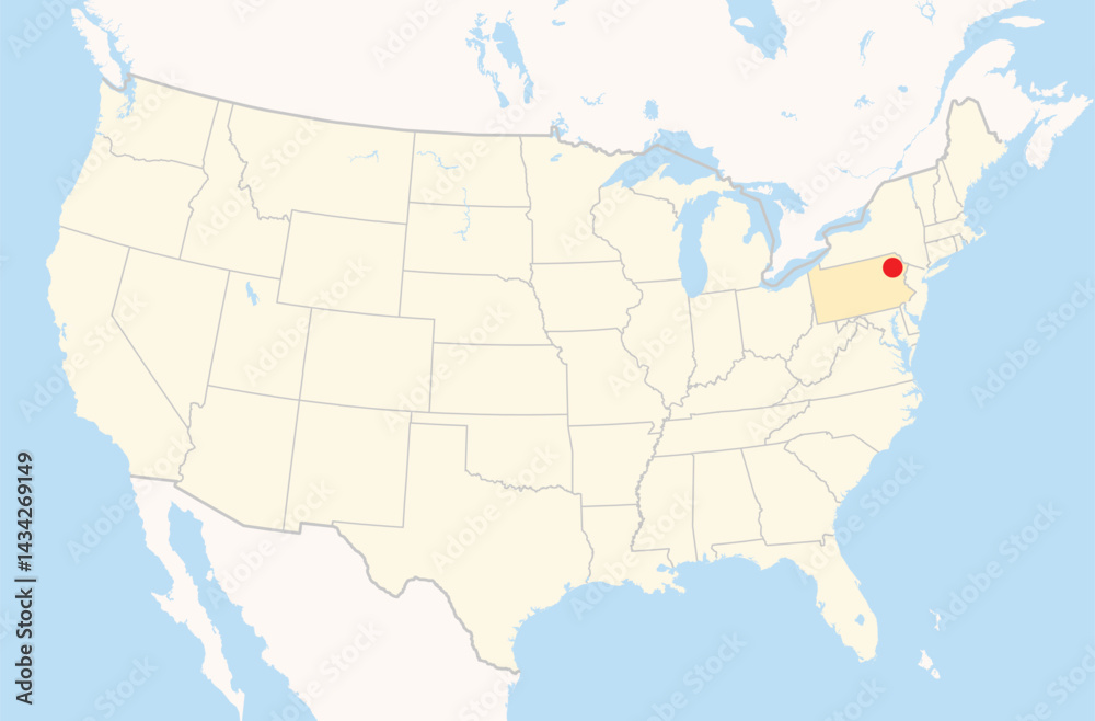 Obraz premium Location Map of the city Scranton in Pennsylvania, USA. The state is marked orange and the city is highlighted with a red dot. No labels at all.