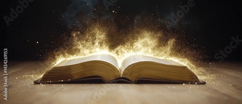 Glowing book on wood, magic sparks, dark background, fantasy concept, book cover