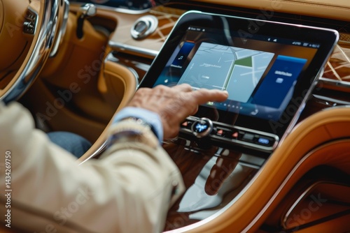 Older man sitting in camper van using gps navigation map system digital device. Smiling mature active traveler driving car vehicle looking at screen touching sensor gadget dashboard, close up view