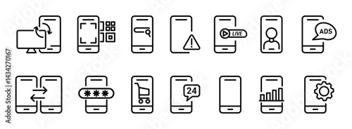 Set of smartphone related device line icons. phone scanner, warning, live, message ads, screen lock, shopping cart, etc. vector illustration. 