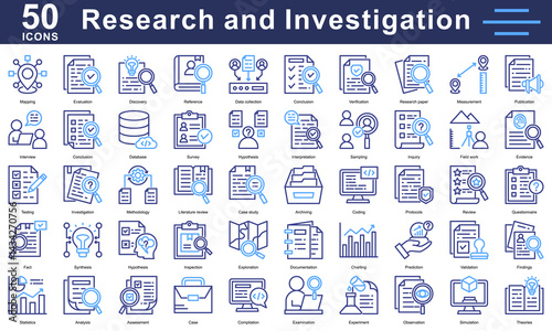 Research and investigation icons for academic, scientific, and data projects—covering analysis, discovery, validation, reports, and more.