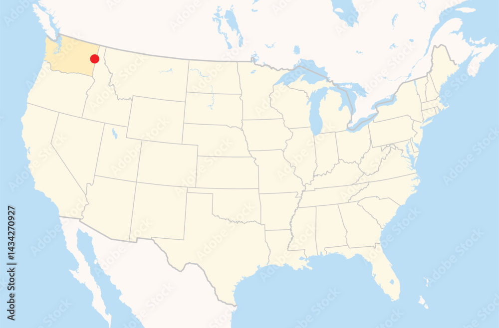 Fototapeta premium Location Map of the city Spokane Valley in Washington, USA. The state is marked orange and the city is highlighted with a red dot. No labels at all.