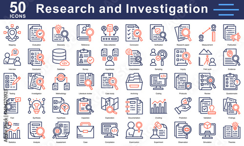 Research and investigation icons for academic, scientific, and data projects—covering analysis, discovery, validation, reports, and more.