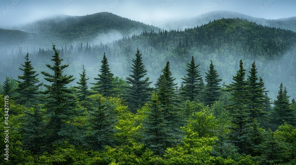 Obraz premium Misty mountain view with evergreen trees in foreground
