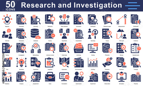 Research and investigation icons for academic, scientific, and data projects—covering analysis, discovery, validation, reports, and more.