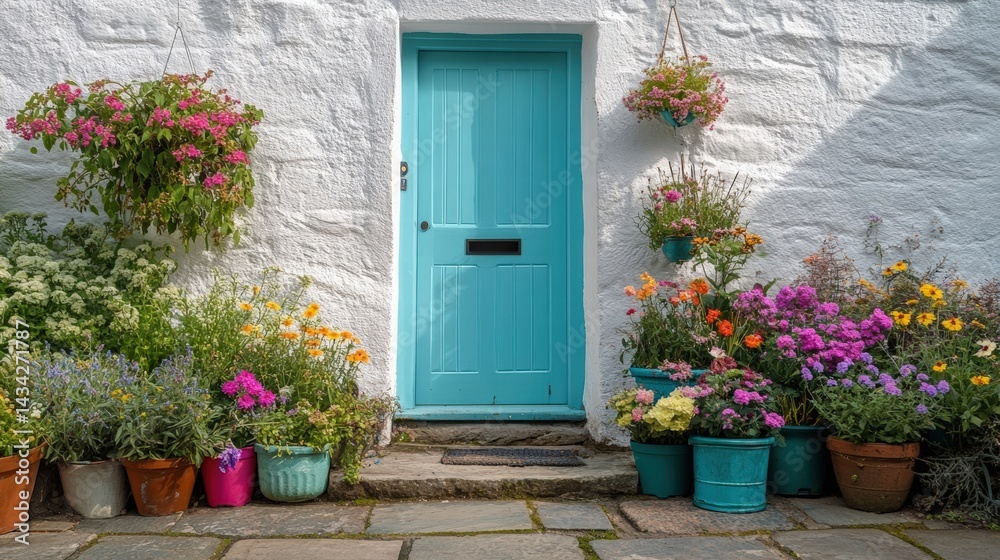 Fototapeta premium Charming turquoise door with vibrant flowers in pots creating a colorful entrance.