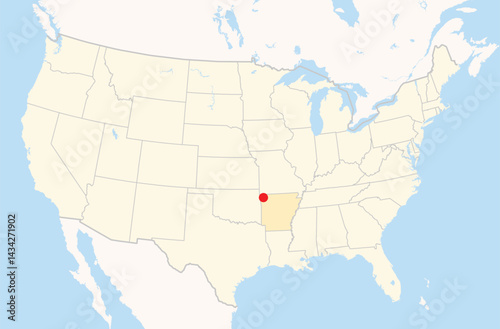 Location Map of the city Springdale in Arkansas, USA. The state is marked orange and the city is highlighted with a red dot. No labels at all.