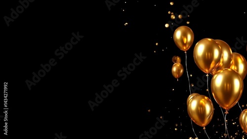 Celebrate with this elegant animation featuring shiny golden balloons floating against a deep black backdrop, complemented by falling gold confetti and subtle ribbon details for a luxurious feel.