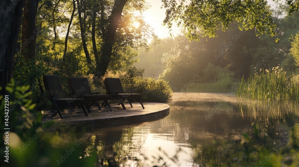 Obraz premium Relaxing by the Calm Water: Serenity in Nature with Beautiful Sunlight