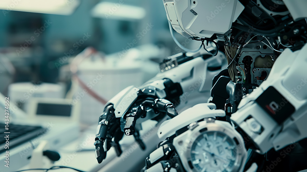 Fototapeta premium A robotic arm in a high tech lab, assembling parts for robots used in autonomous space station maintenance systems, Space-tech style