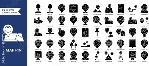 Map Pin line editable icon set in solid style. Vector illustrations
