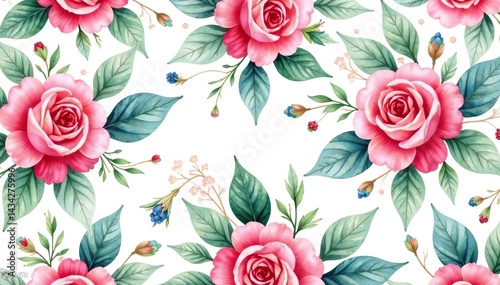 Wallpaper Mural Delicate watercolor roses & leaves, repeat pattern, pink, art Torontodigital.ca