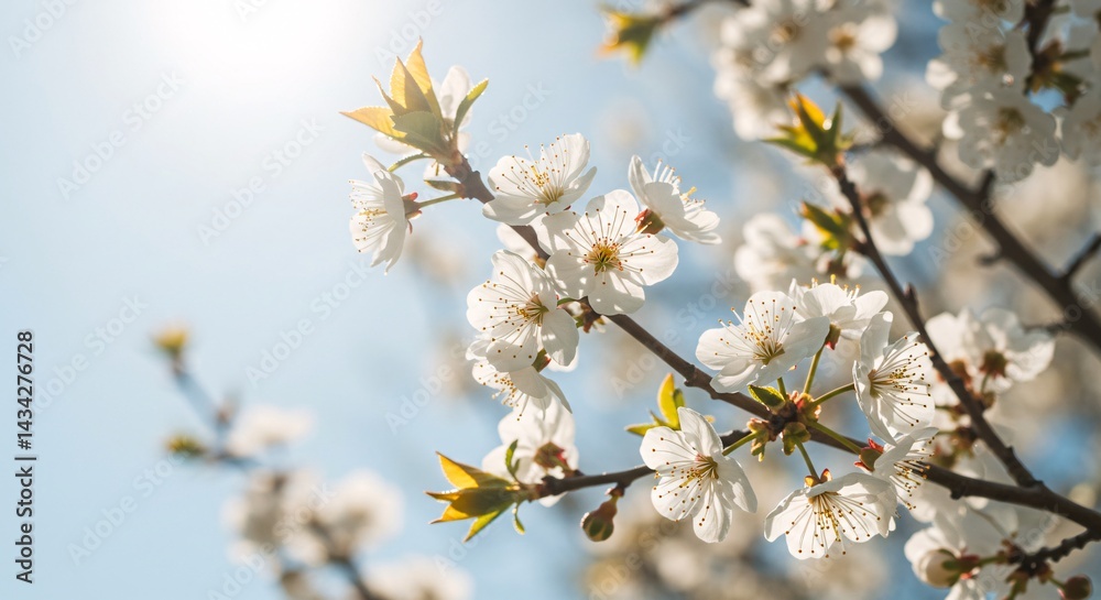 White cherry blossoms blooming in spring sunlight against blue sky White cherry blossoms blooming in spring sunlight against blue sky