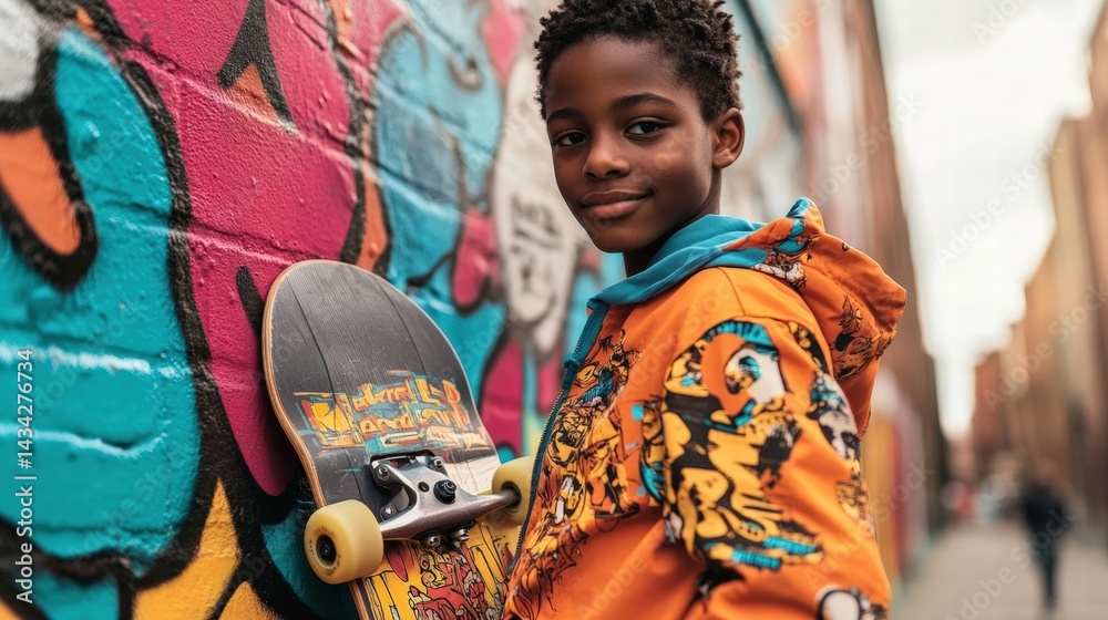 Obraz premium A young boy smiles confidently while holding his skateboard against vibrant street art in an urban setting.