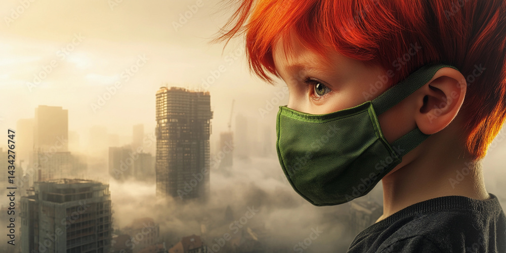 Child with vibrant red hair wearing a mask in urban setting Generative AI