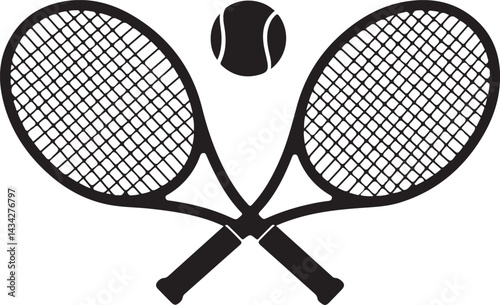 Vector black flat cartoon crossed tennis racket and ball isolated on white background