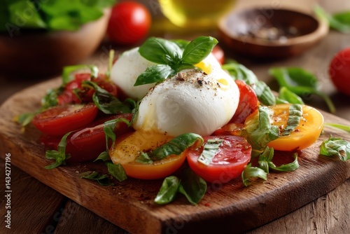 A delectable poached egg and heirloom tomato salad, drizzled with olive oil and seasoned with herbs.  A vibrant and healthy meal.