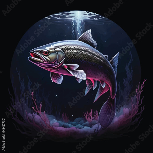 A Dark and Moody Digital Painting of a Trout Fish Silhouette Against a Deep, Inky Black Background, Bioluminescent Underwater Realm, Vector T-shirt Design