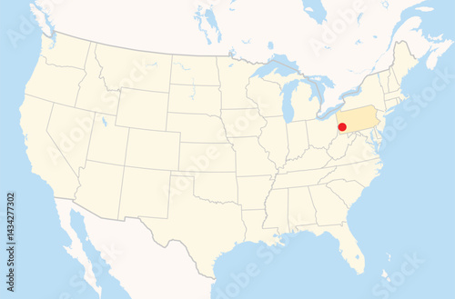 Location Map of the city Pittsburgh in Pennsylvania, USA. The state is marked orange and the city is highlighted with a red dot. No labels at all.