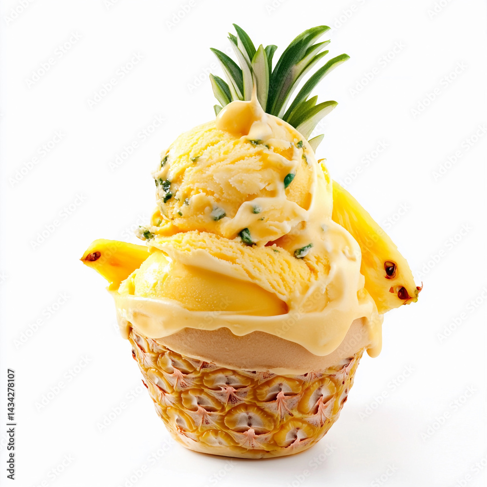 Tropical pineapple ice cream sundae with fresh fruit topping Generative AI