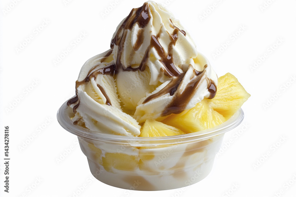 Tropical pineapple ice cream sundae with chocolate drizzle Generative AI