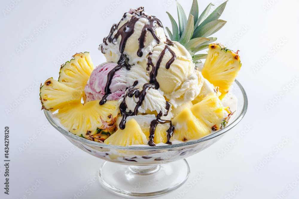 Tropical pineapple ice cream sundae with chocolate drizzle Generative AI