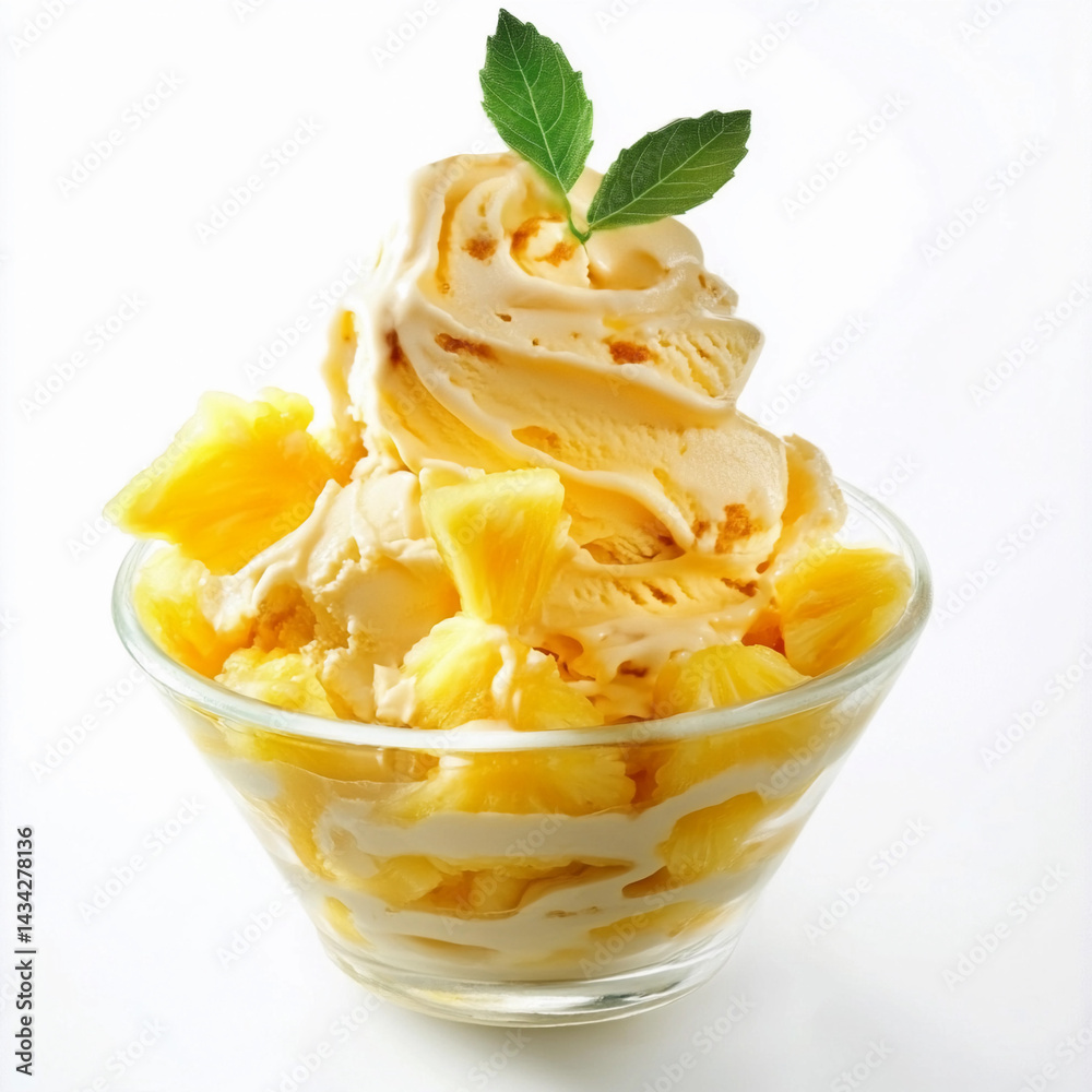 Delicious tropical pineapple ice cream sundae with fresh fruit Generative AI