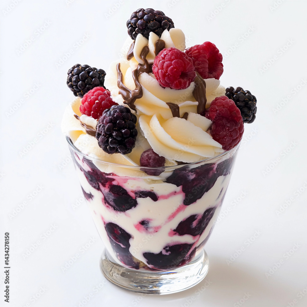 Delicious white chocolate berry fusion sundae topped with fruits Generative AI