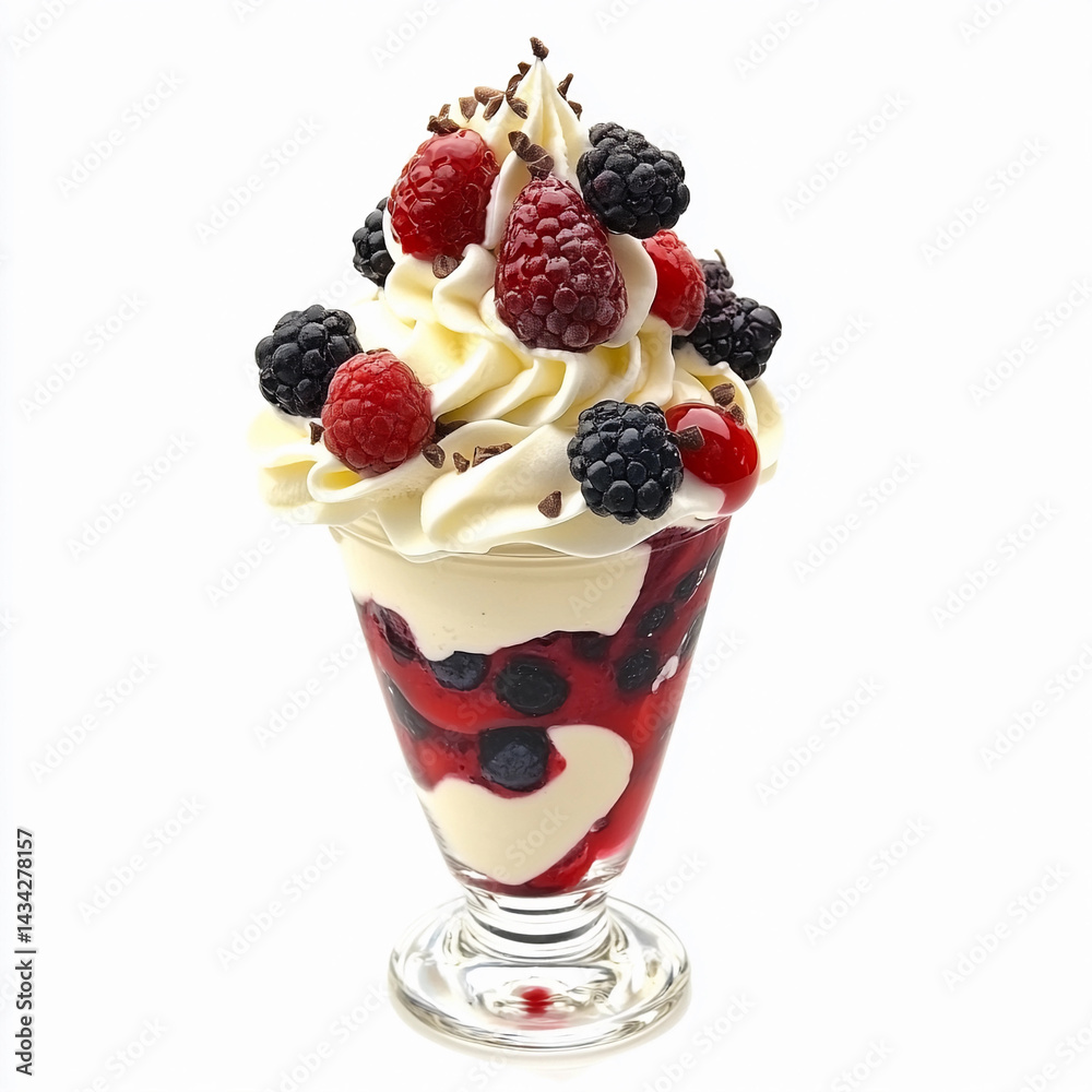 Indulge in a decadent white chocolate berry fusion sundae Generative AI