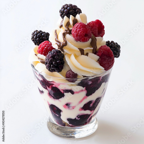 Obraz na płótnie Delicious white chocolate berry fusion sundae topped with fruits Generative AI w salonie