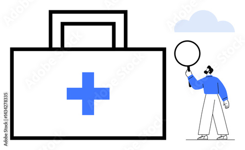 Large first aid kit with medical cross and person holding magnifying glass. Ideal for healthcare, safety, medical services, first aid awareness, wellness promotion, research, simple landing page