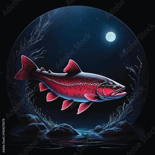 A Dark and Moody Digital Painting of a Trout Fish Silhouette Against a Deep, Inky Black Background, Bioluminescent Underwater Realm, Vector T-shirt Design