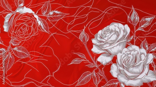 Artistic white outlines of roses and leaves overlapping on a smooth and vibrant red canvas with a bold finish.
