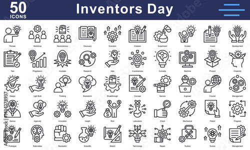 Inventors Day icons featuring innovation, discovery, creativity, machines, patents, and ideas. Great for science, tech, and creative projects.