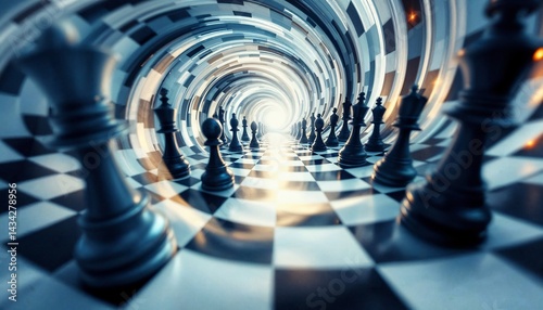 Chessboard Abstract: An artistic view of a chessboard and chess pieces in the form of a dynamic spiral, highlighting the concepts of strategy, tactics, and competition.