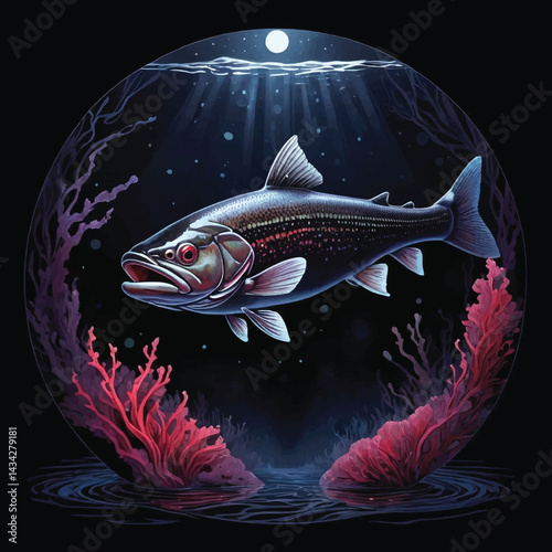 A Dark and Moody Digital Painting of a Trout Fish Silhouette Against a Deep, Inky Black Background, Bioluminescent Underwater Realm, Vector T-shirt Design